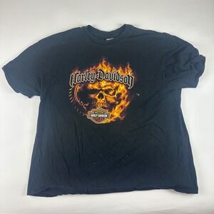 VTG Harley Davidson Men's 2XL Black Flaming Skull Pig Trail Eurek Springs T Shrt
